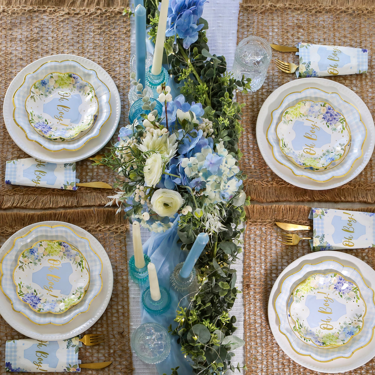 Baby Shower Onesie Floral Tableware Set - Blue