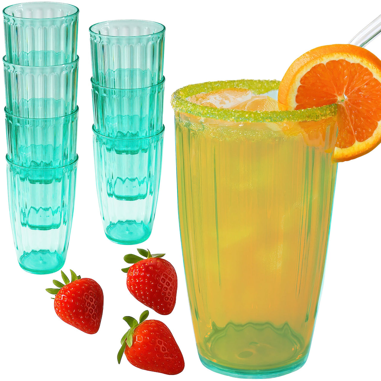 21 oz Ribbed Teal Acrylic Cups, Set of 8