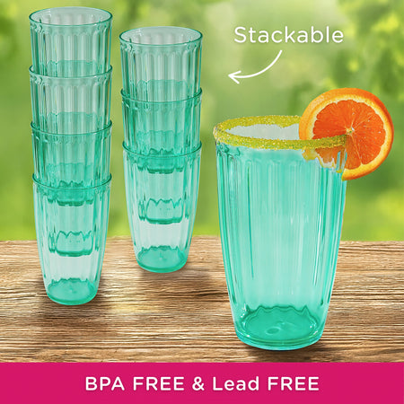 21 oz Ribbed Teal Acrylic Cups, Set of 8