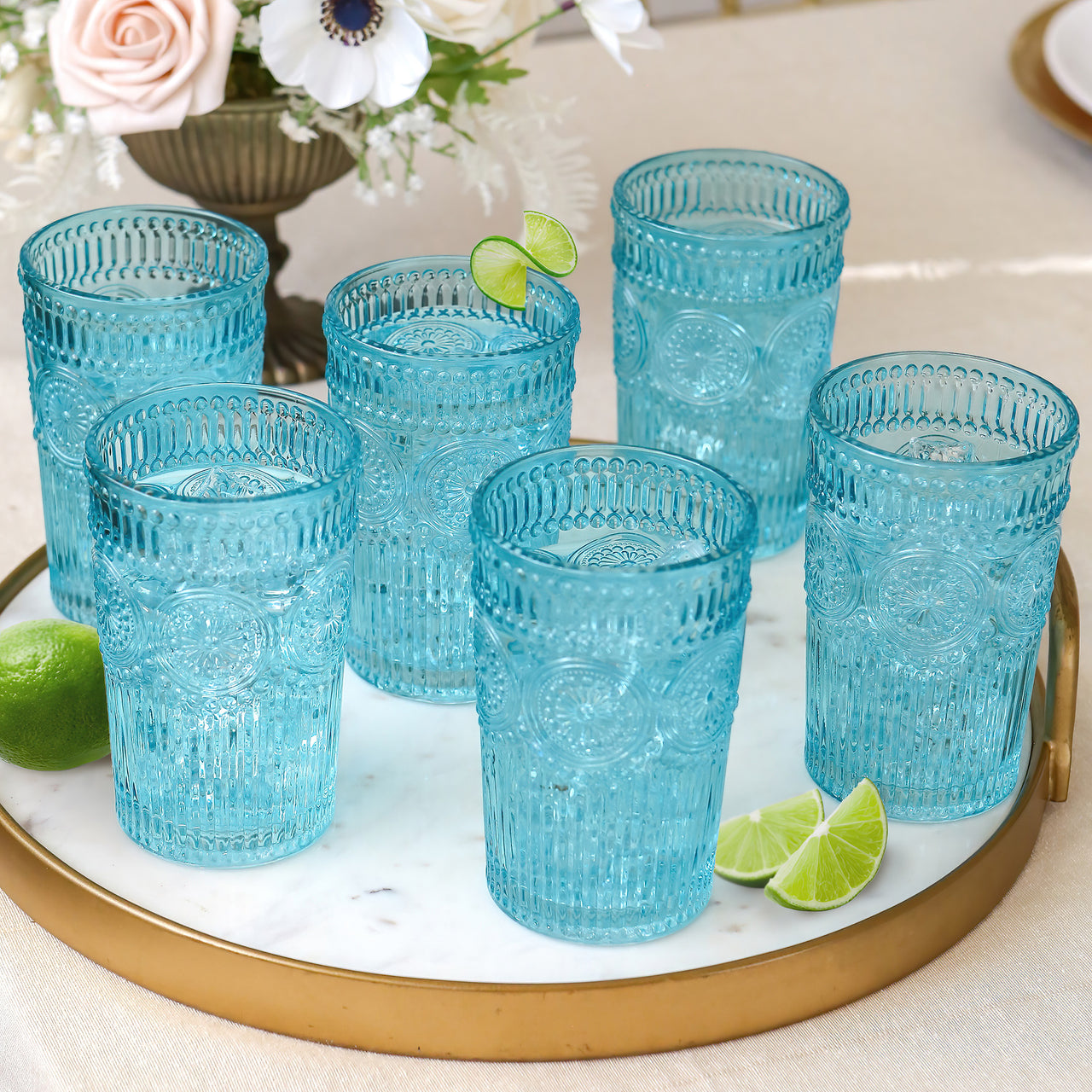 13 oz. Vintage Textured Aqua Blue Drinking Glasses (Set of 6) Alternate Image 1 Kate Aspen | Drinking Glasses