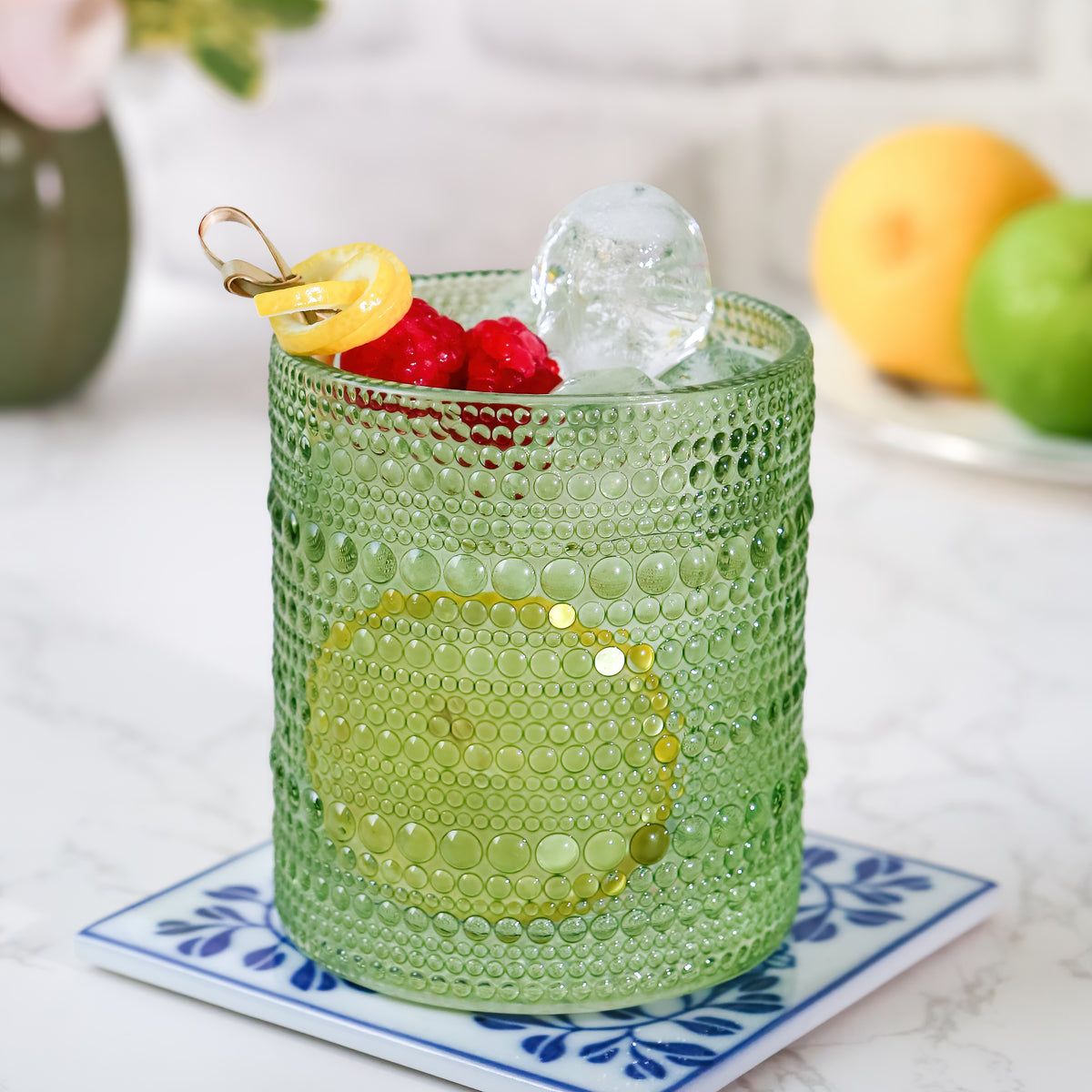 10 oz. Textured Beaded Sage Green Old Fashion Drinking Glasses (Set of