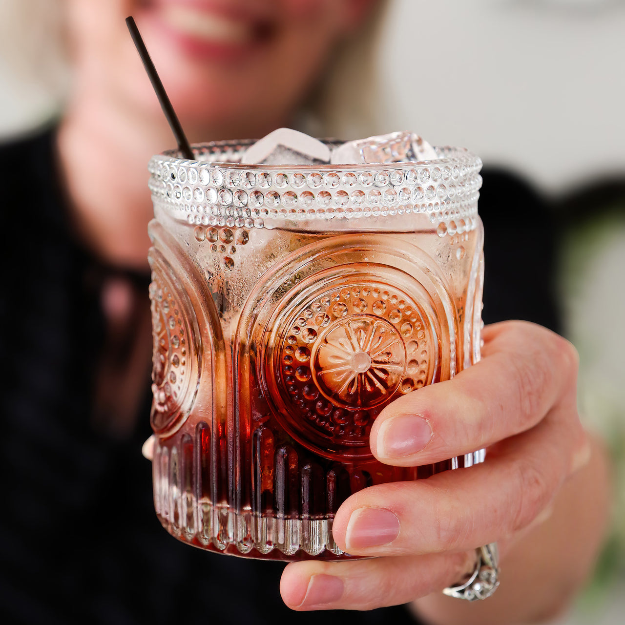 10 oz. Ribbed Retro Arch Floral Clear Drinking Glasses (Set of 6)