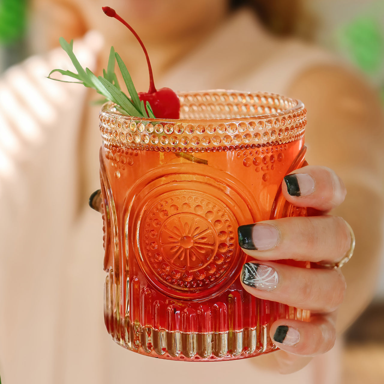 10 oz. Ribbed Retro Arch Floral Rose Gold Drinking Glasses (Set of 6)