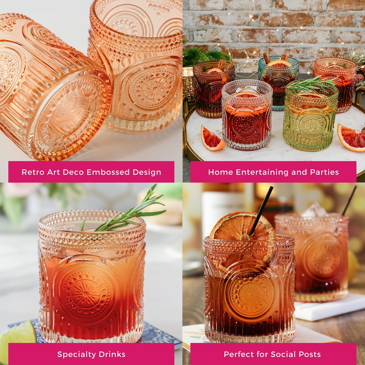 10 oz. Ribbed Retro Arch Floral Rose Gold Drinking Glasses (Set of 6)