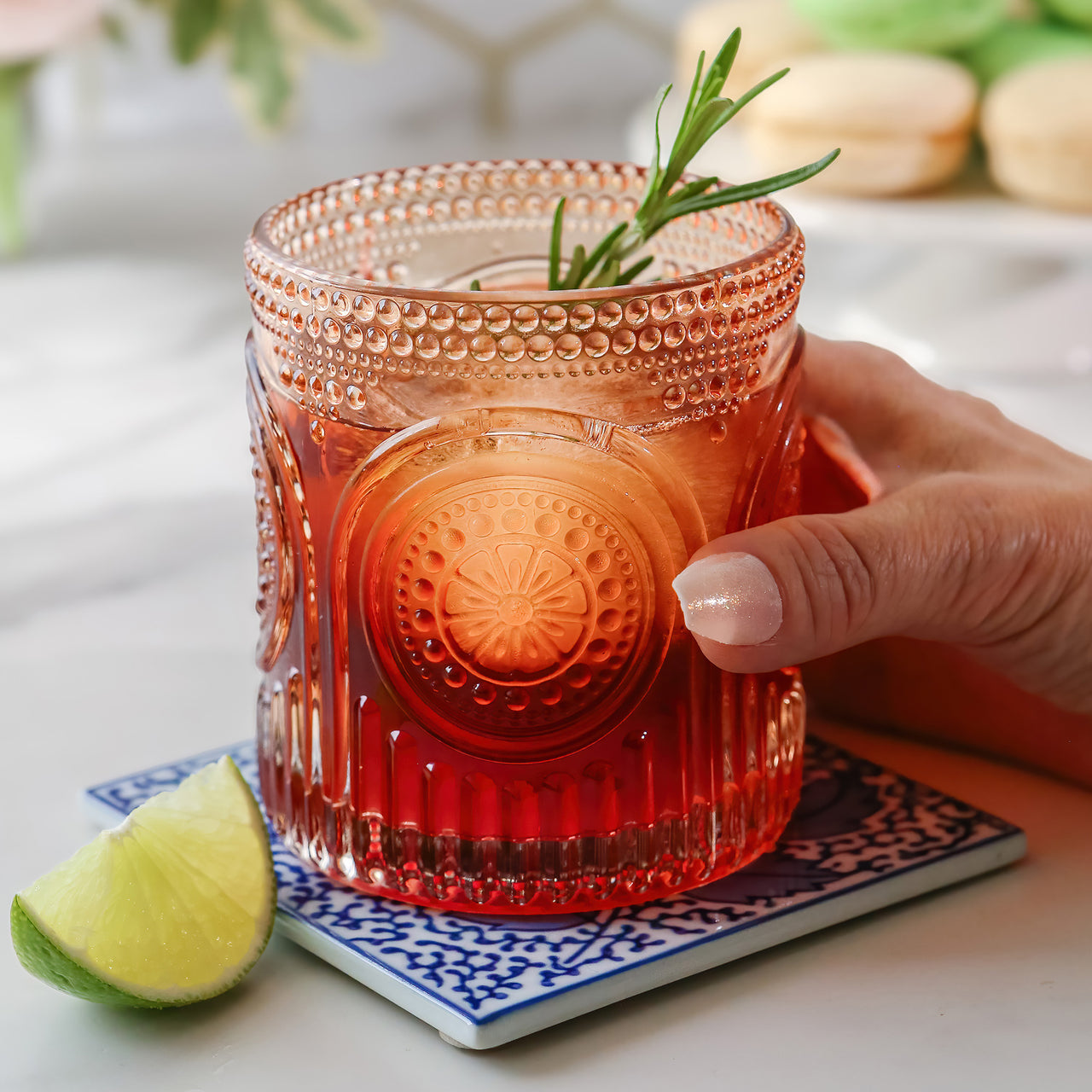 10 oz. Ribbed Retro Arch Floral Rose Gold Drinking Glasses (Set of 6)