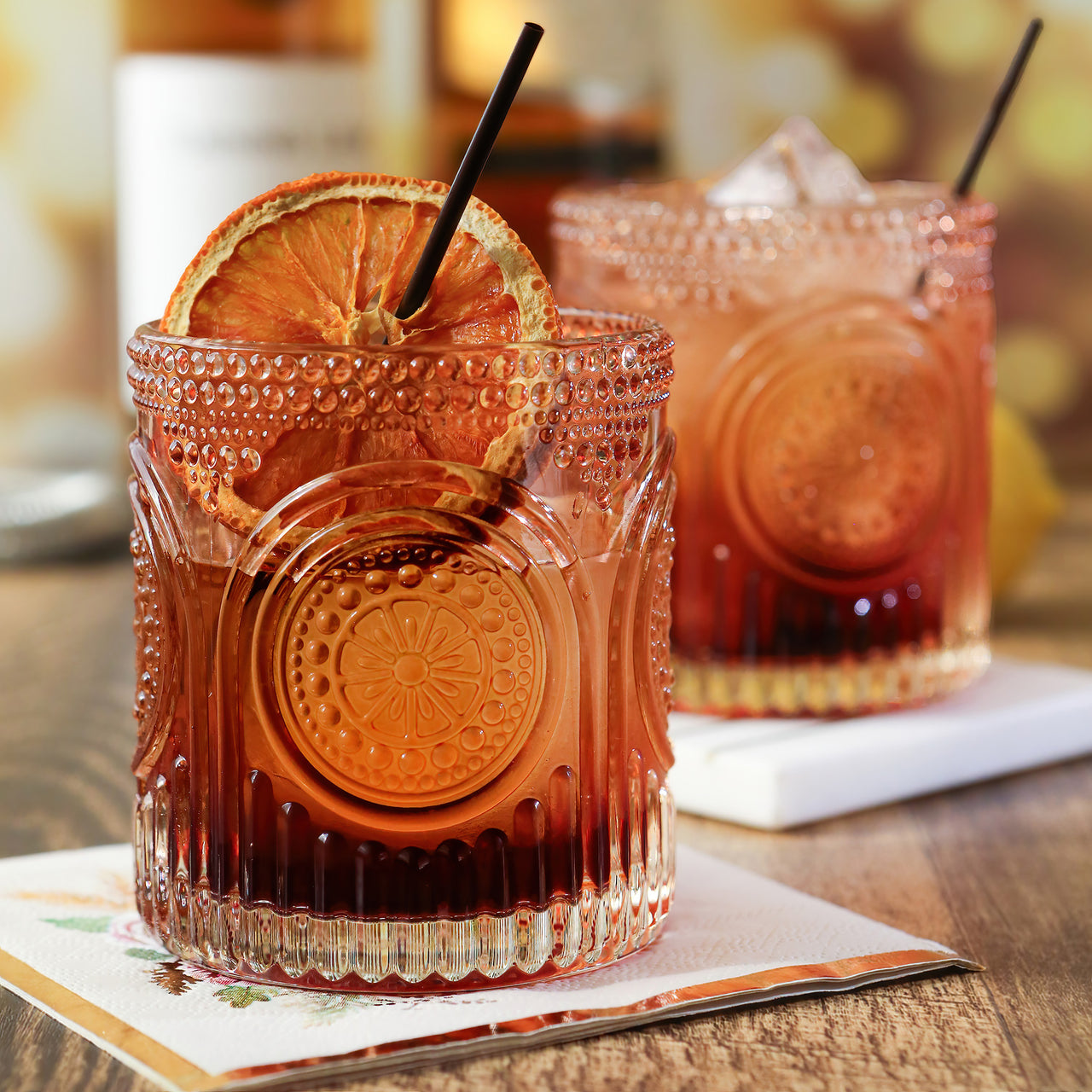 10 oz. Ribbed Retro Arch Floral Rose Gold Drinking Glasses (Set of 6)