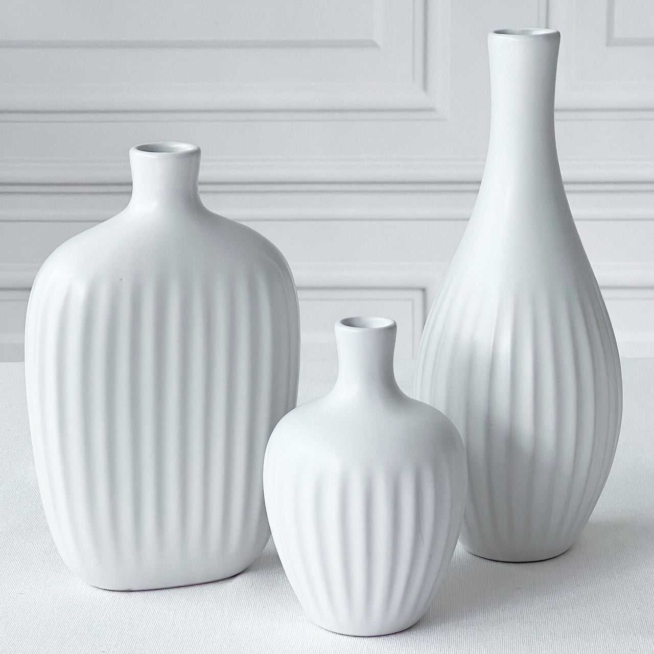 White Textured Ceramic Minimalist Vase (Set of 3) Main Image, Kate Aspen | Vase