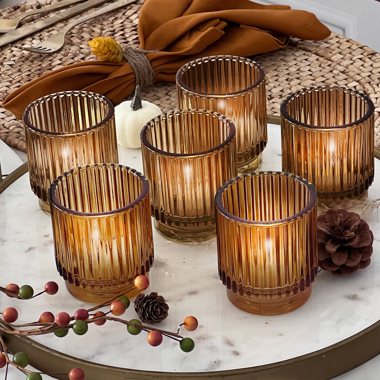 Ribbed Amber Glass Votive Candle Holder (Set of 6) Main Image, Kate Aspen | Tealight/Votive Holder