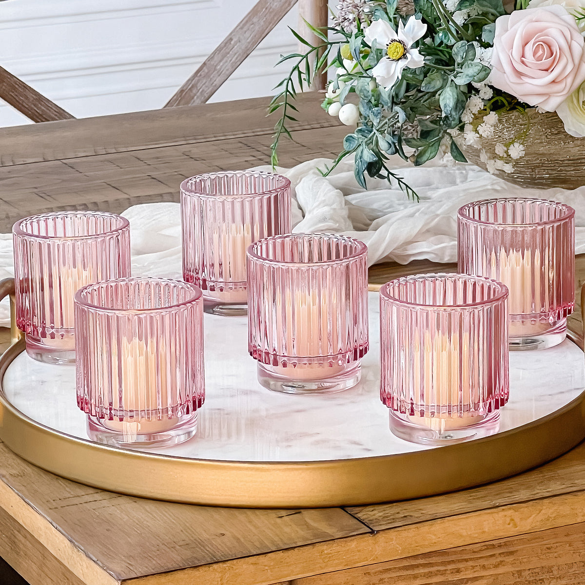 Ribbed Pink Glass Votive Candle Holder Set of 6 Kate Aspen