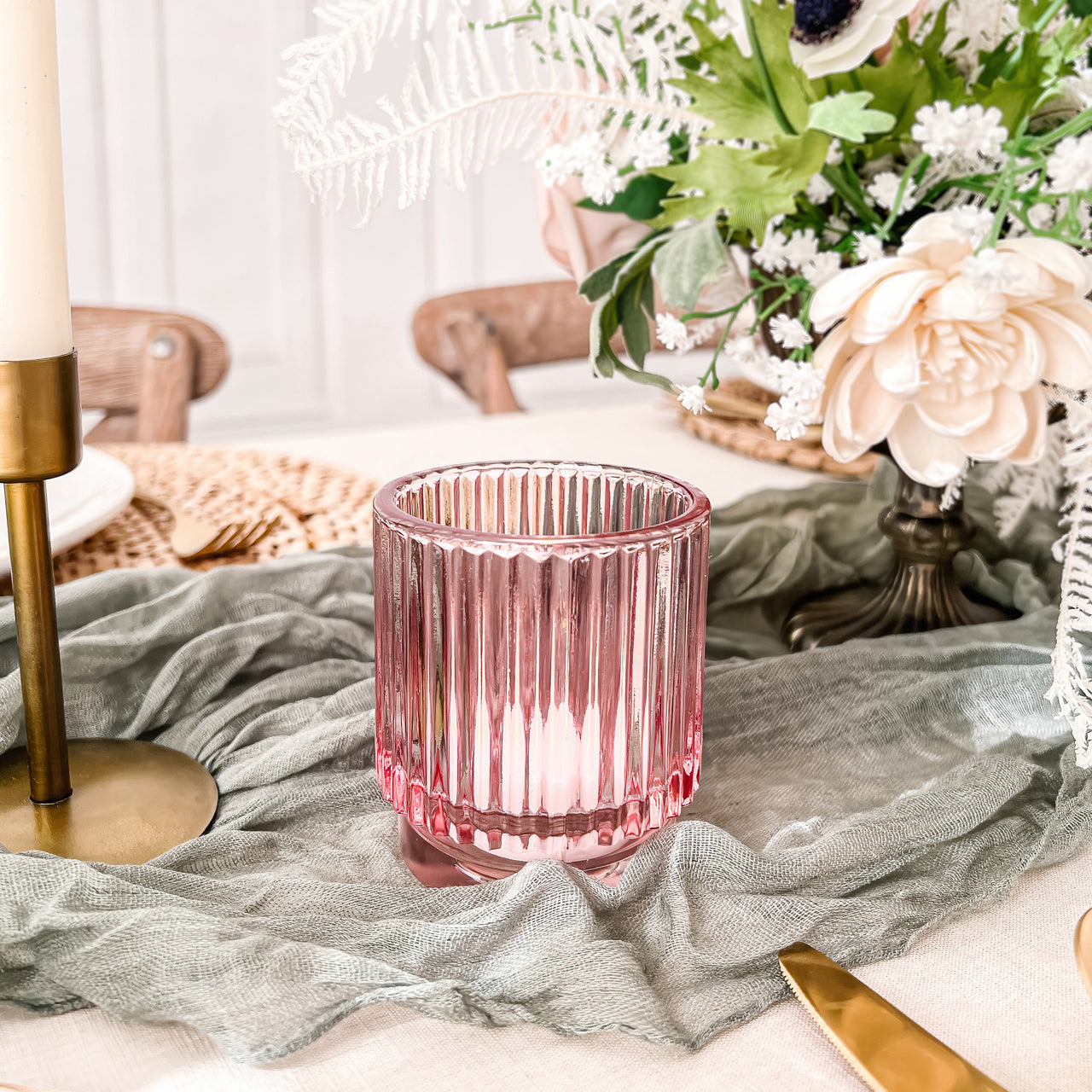 Ribbed Pink Glass Votive Candle Holder (Set of 6) Alternate Image 4, Kate Aspen | Tealight/Votive Holder