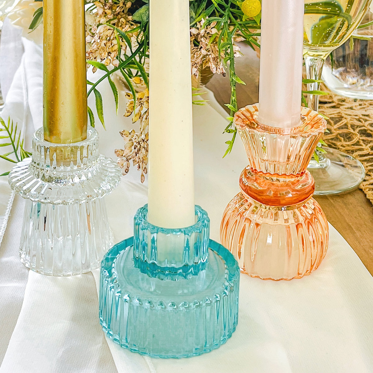 Vintage Ribbed Blue Glass Candle/Candlestick Holders Set of 6 - Assort