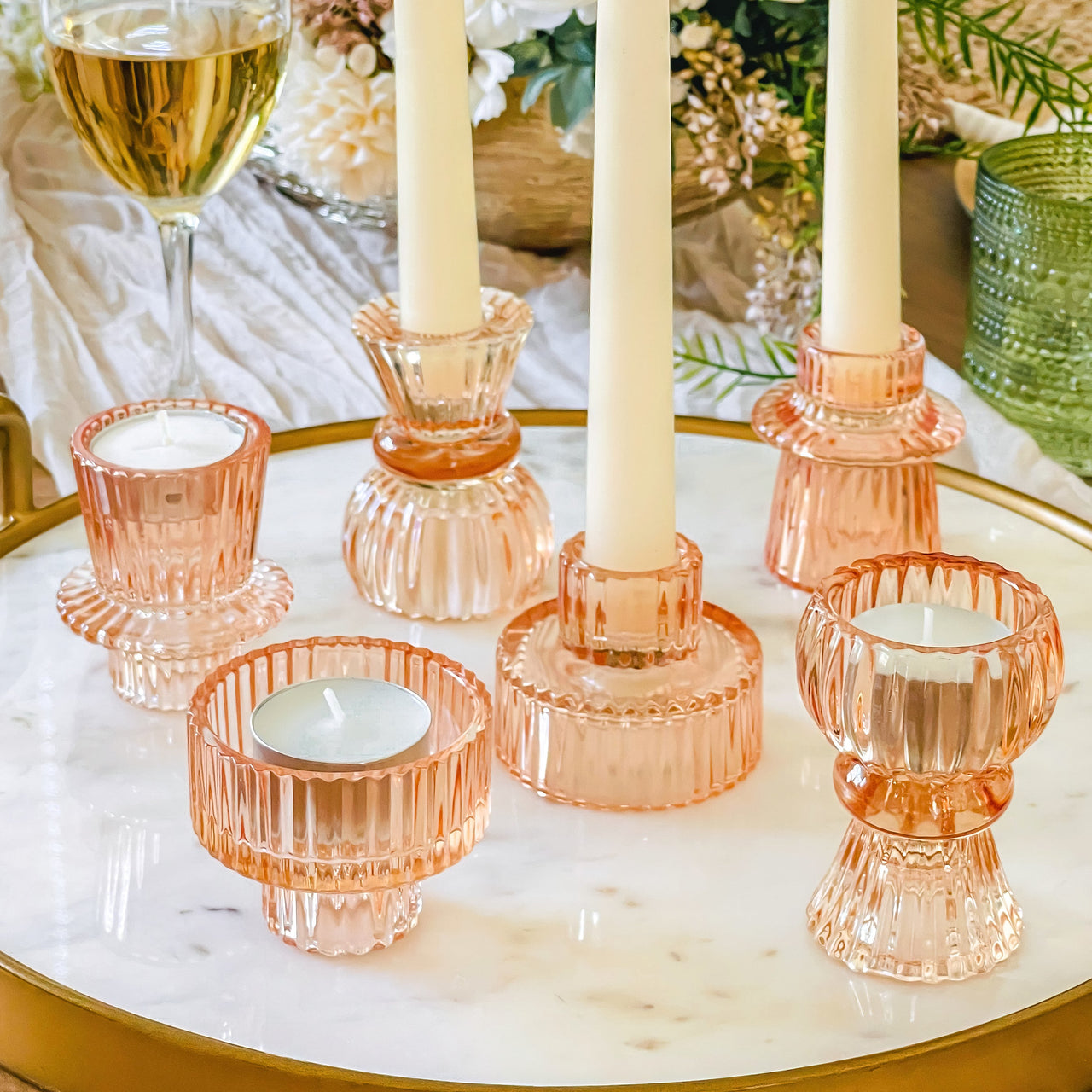 Vintage Ribbed Glass Rose Gold Candle/Candlestick Holders Set of 6 - Assorted | Main Image, Kate Aspen | Tealight/Votive Holder