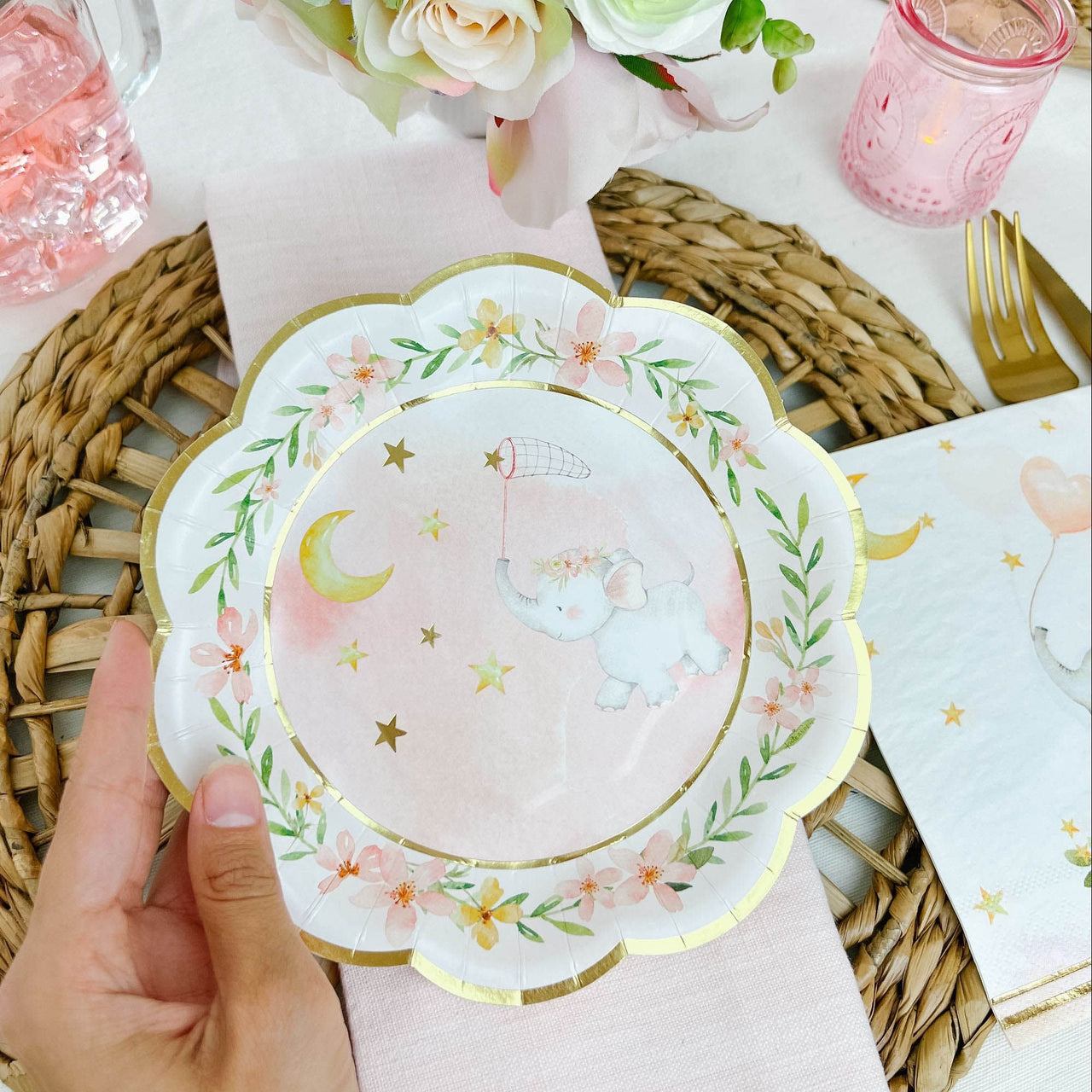 Elephant Baby Shower 7 in. Premium Paper Plates - Pink (Set of 16) Alternate Image 5, Kate Aspen | Paper Plate