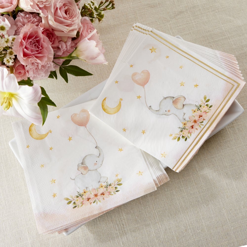 Elephant Baby Shower 2 Ply Paper Napkins - Pink (Set of 30) Main Image, Kate Aspen | Napkin