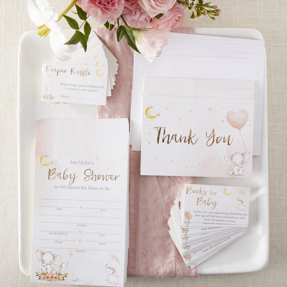 Elephant Baby Shower Invitation & Thank You Card Bundle - Pink (Set of 25) Main Image, Kate Aspen | Invitation/Thank You Cards
