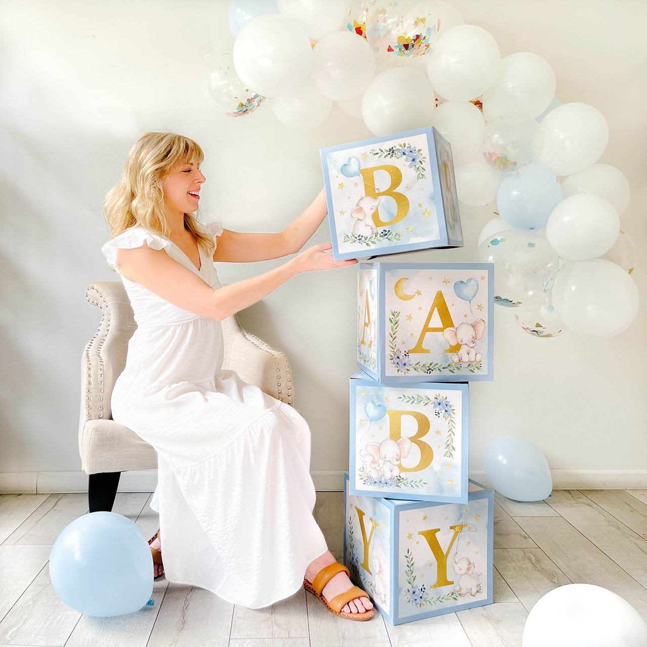 Elephant Baby Shower Block Box - Blue (Set of 4) Main Image, Kate Aspen | Decor Block Box