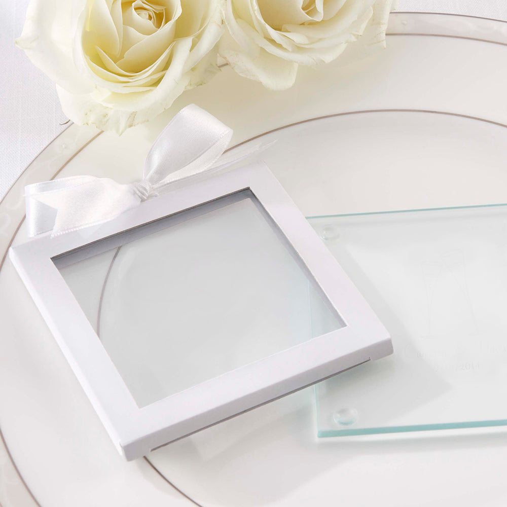 White Glass Coaster Gift Sleeve with Ribbon (Set of 12) Main Image, Kate Aspen | Glassware Gift Box