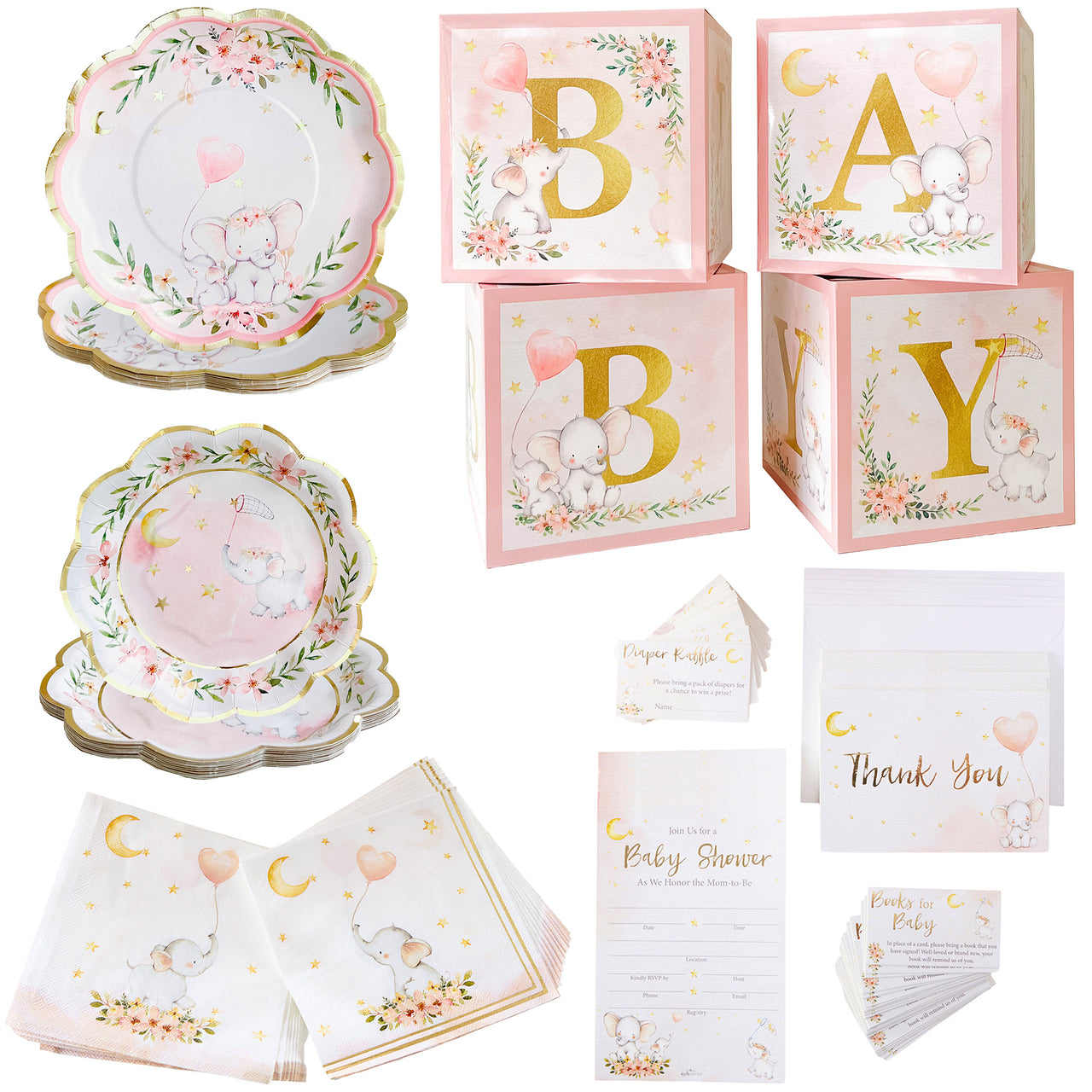 Pink Elephant Baby Shower 91 pc Party Kit