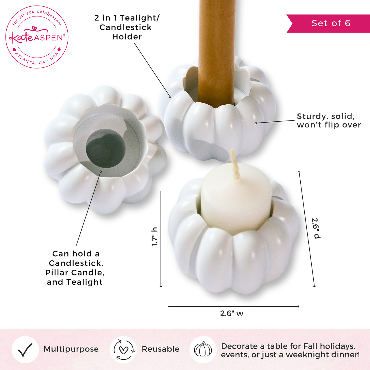 2-in-1 Pumpkin Tealight/Candlestick Holder (Set of 6) - White