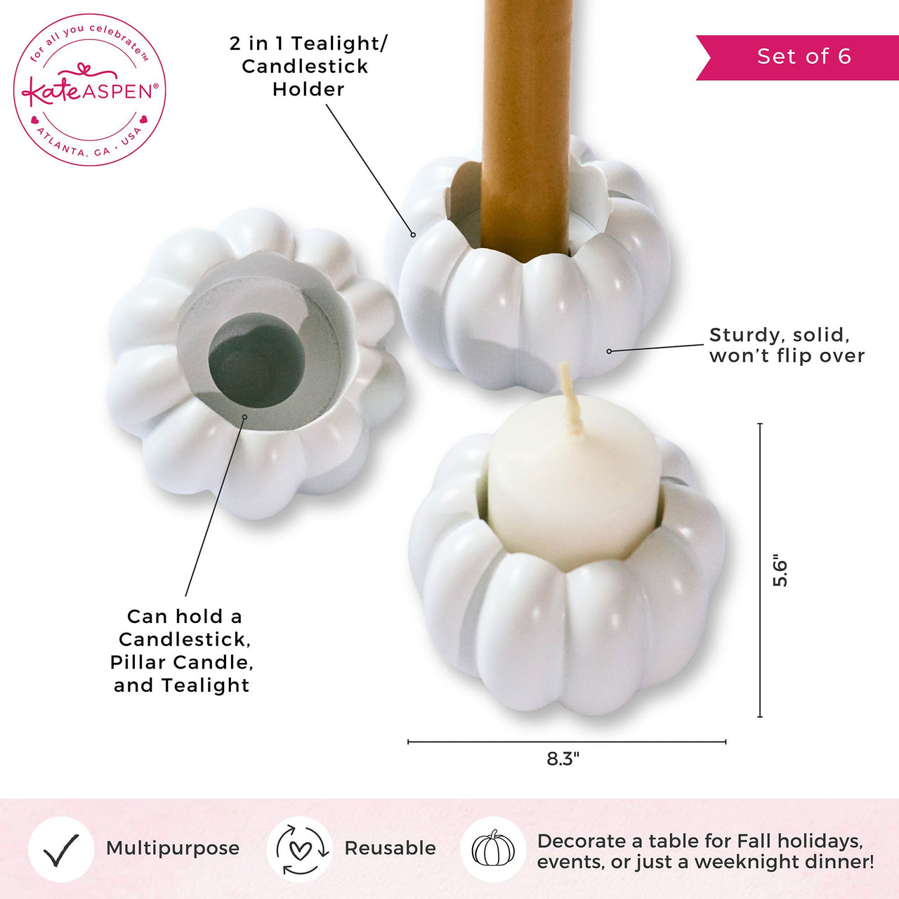2-in-1 Pumpkin Tealight/Candlestick Holder (Set of 6) - White | Kate Aspen | Alt Image 6