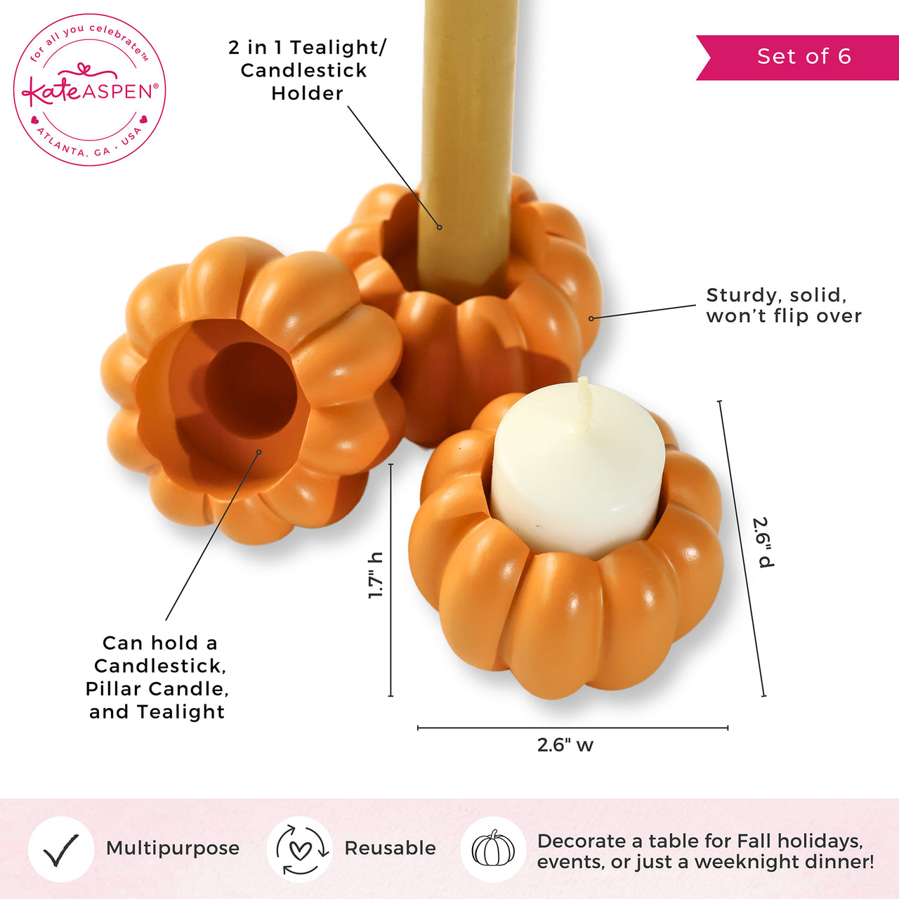 2-in-1 Pumpkin Tealight/Candlestick Holder (Set of 6) - Orange