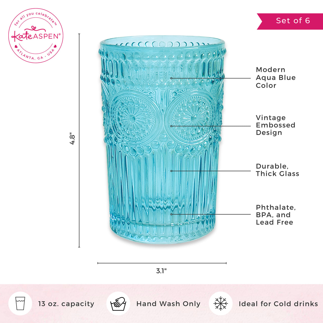 13 oz. Vintage Textured Aqua Drinkware (Set of 6) – Kate Aspen