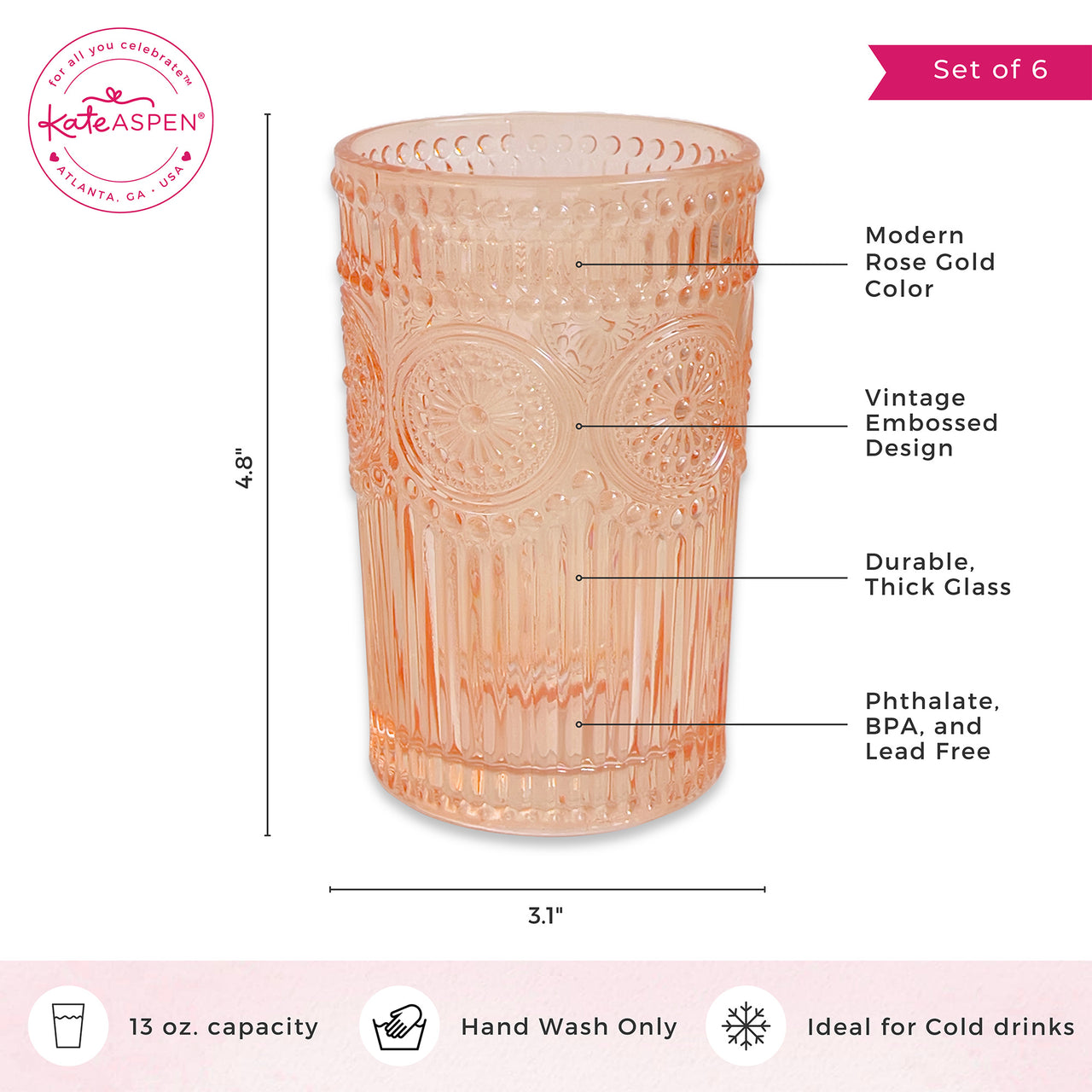 Rose Gold Vintage Textured Drinking Glass - 13 oz.