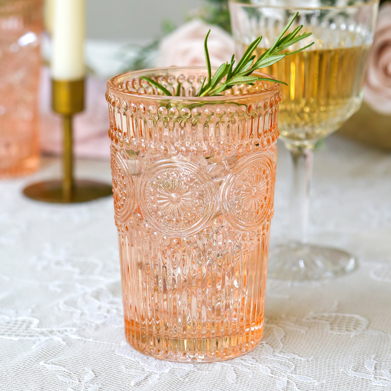 Flower Embossed Drinking Glass with Gold Lid