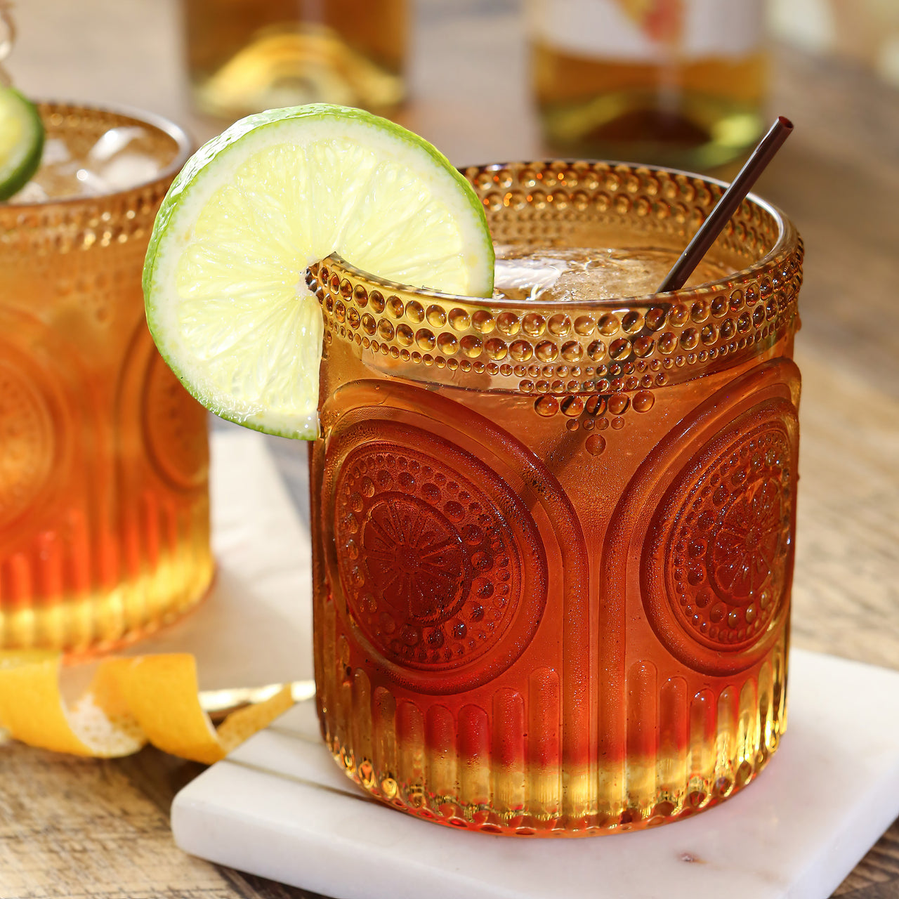 10 oz. Ribbed Retro Arch Floral Amber Drinking Glasses (Set of 6)
