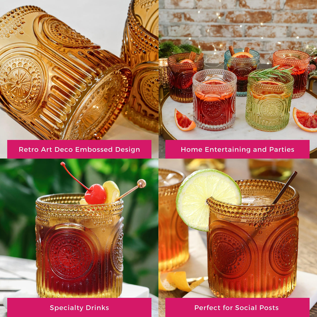 10 oz. Ribbed Retro Arch Floral Amber Drinking Glasses (Set of 6)