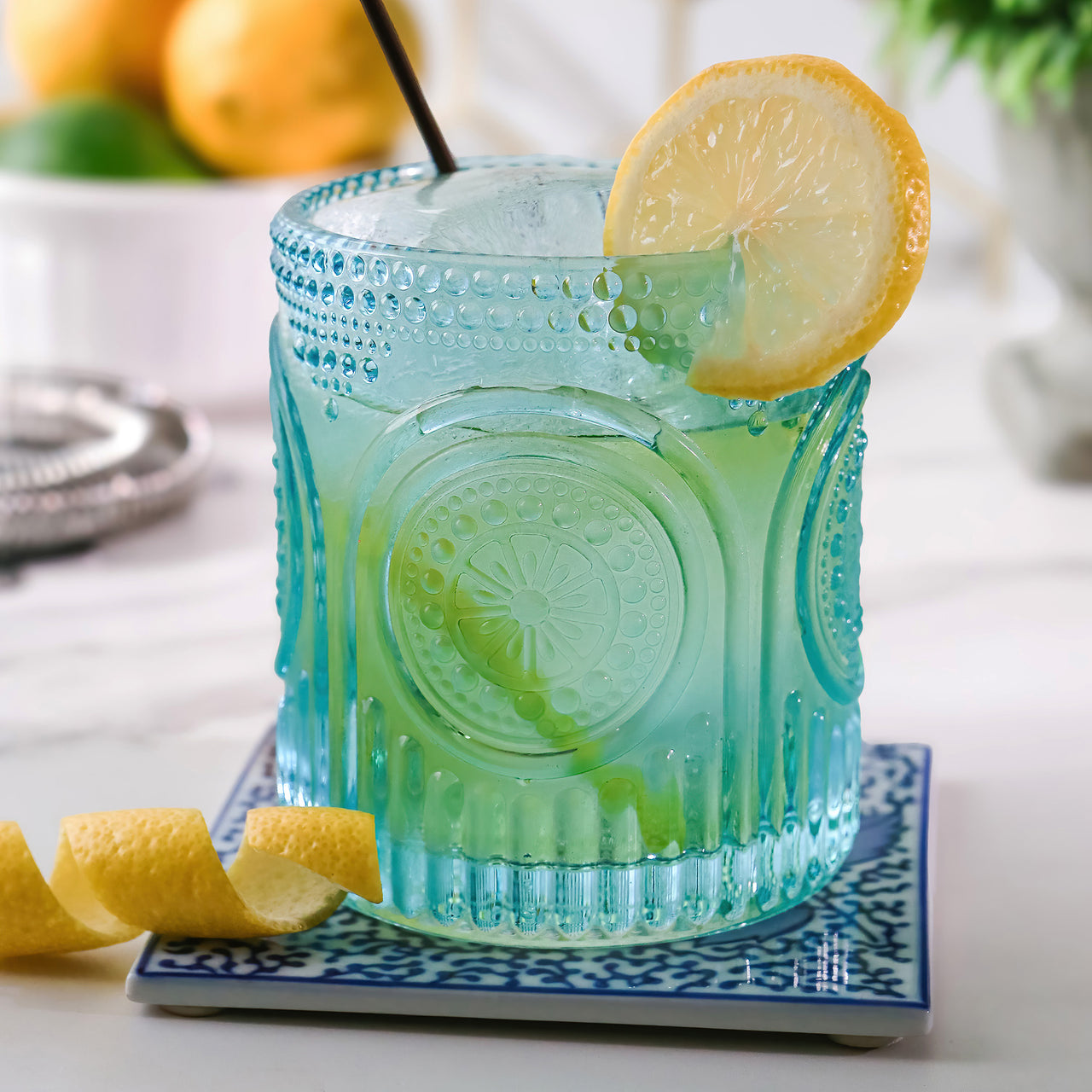 10 oz. Ribbed Retro Arch Floral Aqua Blue Drinking Glasses (Set of 6)
