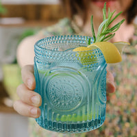 10 oz. Ribbed Retro Arch Floral Aqua Blue Drinking Glasses (Set of 6)