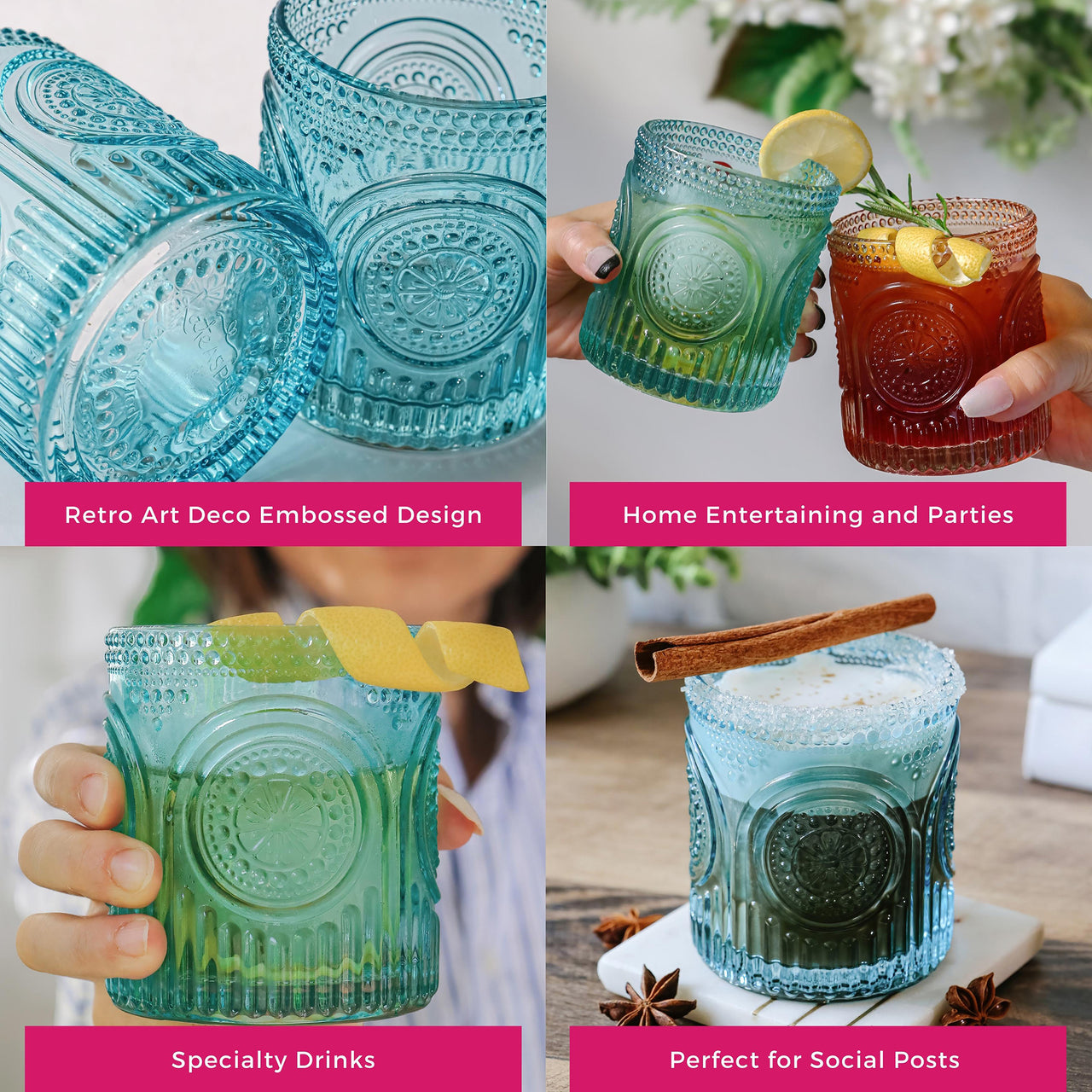 10 oz. Ribbed Retro Arch Floral Aqua Blue Drinking Glasses (Set of 6)