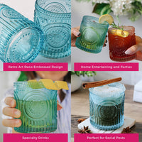 10 oz. Ribbed Retro Arch Floral Aqua Blue Drinking Glasses (Set of 6)