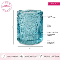 10 oz. Ribbed Retro Arch Floral Aqua Blue Drinking Glasses (Set of 6)
