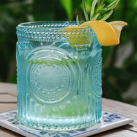 10 oz. Ribbed Retro Arch Floral Aqua Blue Drinking Glasses (Set of 6)