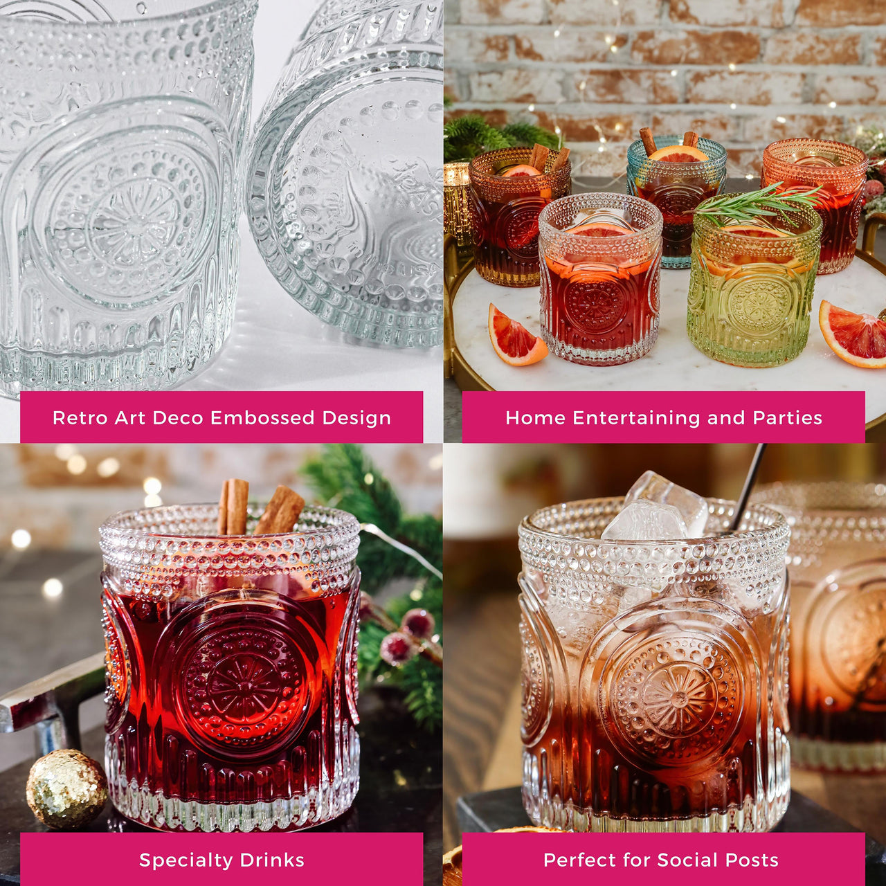 10 oz. Ribbed Retro Arch Floral Clear Drinking Glasses (Set of 6)