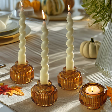 2-In-1 Fluted Amber Glass Taper Candlestick Candle Holders (Set Of 4) | Main Image, Kate Aspen | Tealight/Votive Holder