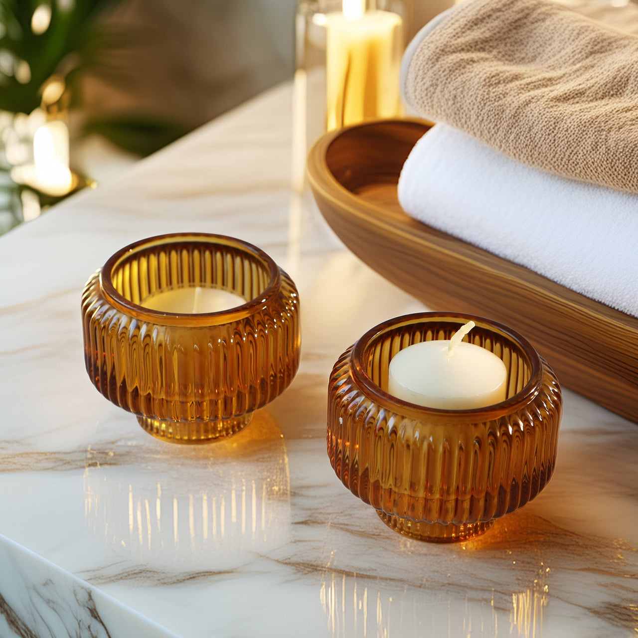 2-In-1 Fluted Amber Glass Taper Candlestick Candle Holders (Set Of 4)