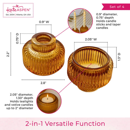 2-In-1 Fluted Amber Glass Taper Candlestick Candle Holders (Set Of 4)