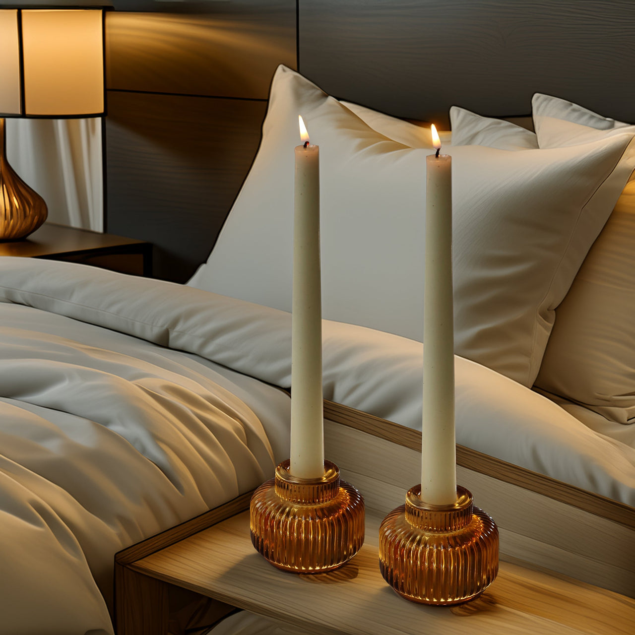 2-In-1 Fluted Amber Glass Taper Candlestick Candle Holders (Set Of 4)