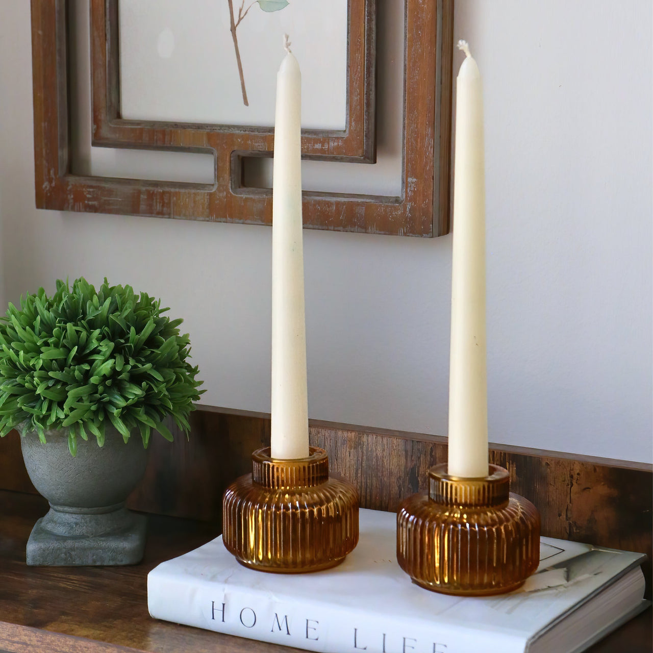 2-In-1 Fluted Amber Glass Taper Candlestick Candle Holders (Set Of 4)
