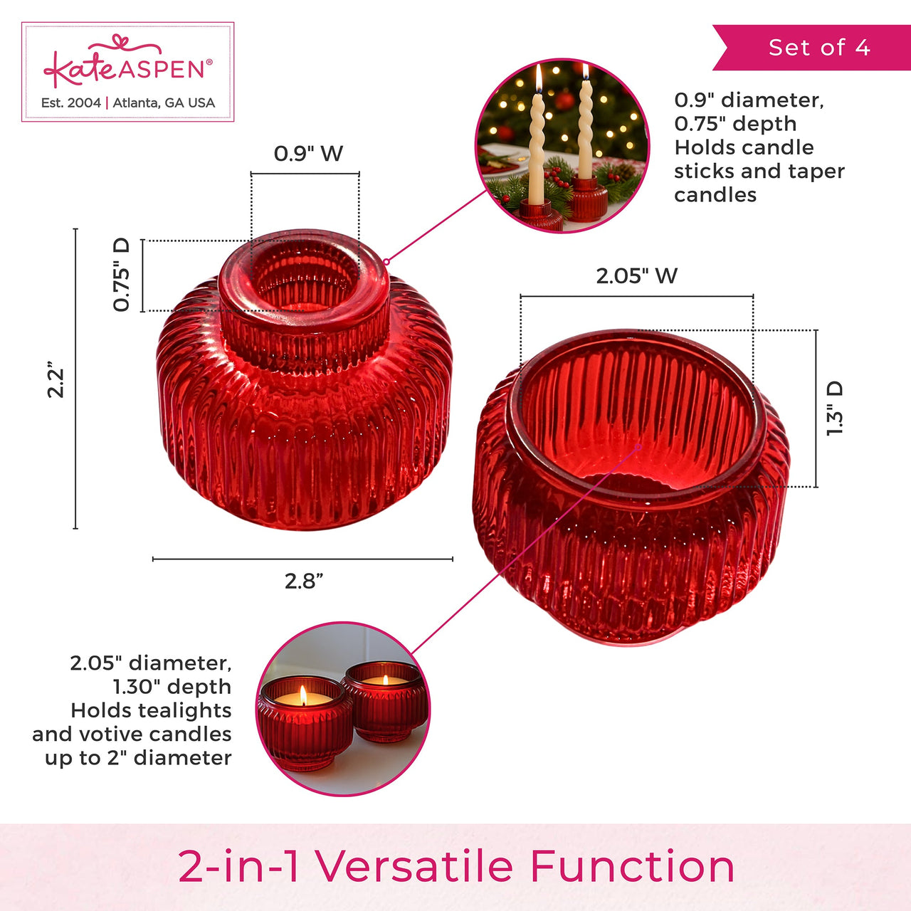 2-In-1 Fluted Red Glass Taper Candlestick Candle Holders (Set Of 4)