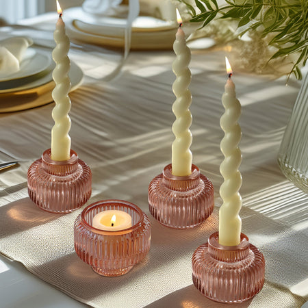 2-In-1 Fluted Rose Gold Glass Taper Candlestick Candle Holders (Set Of 4) | Main Image, Kate Aspen | Tealight/Votive Holder