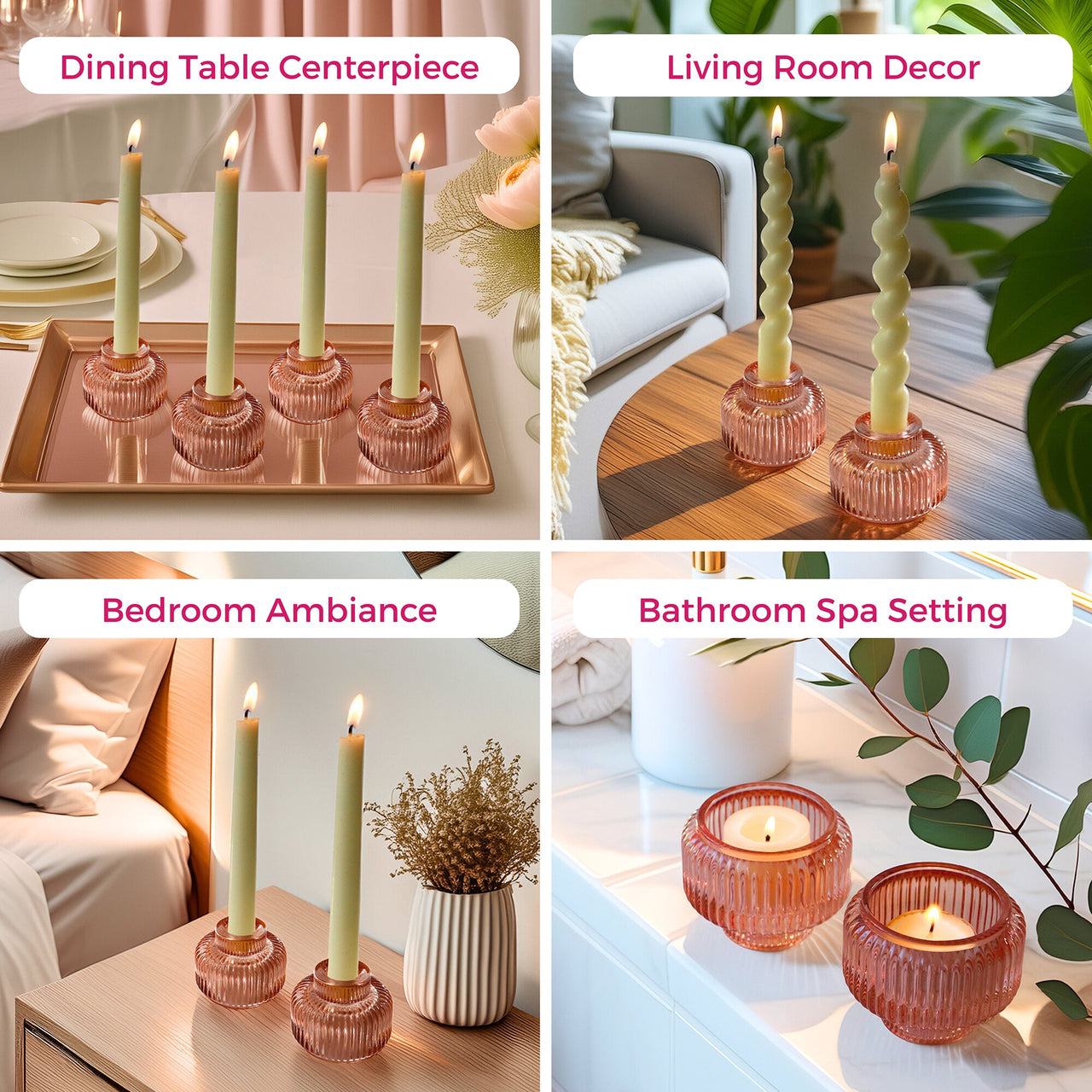 2-In-1 Fluted Rose Gold Glass Taper Candlestick Candle Holders (Set Of 4)