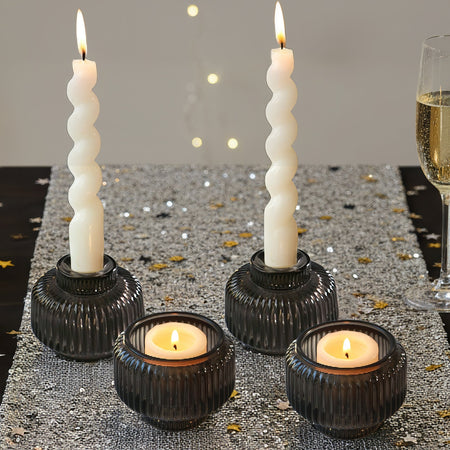 2-In-1 Fluted Smoke Grey Glass Taper Candlestick Candle Holders (Set Of 4) | Main Image, Kate Aspen | Tealight/Votive Holder