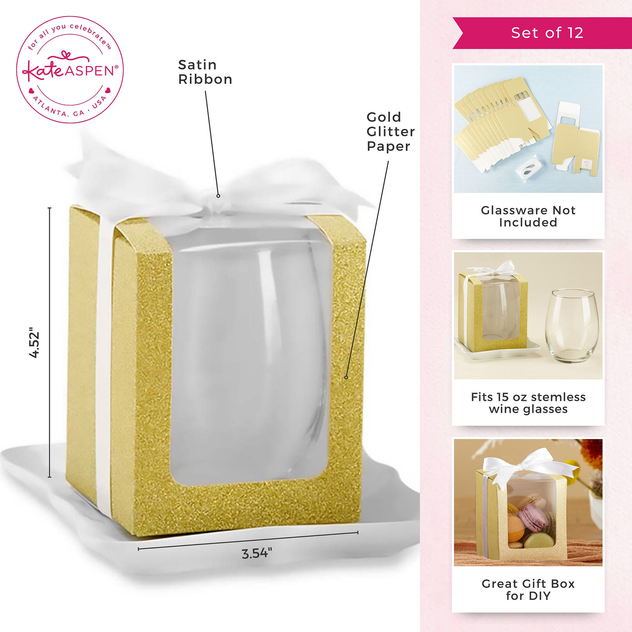 Gold 15 oz. Glassware Gift Box with Ribbon (Set of 12)