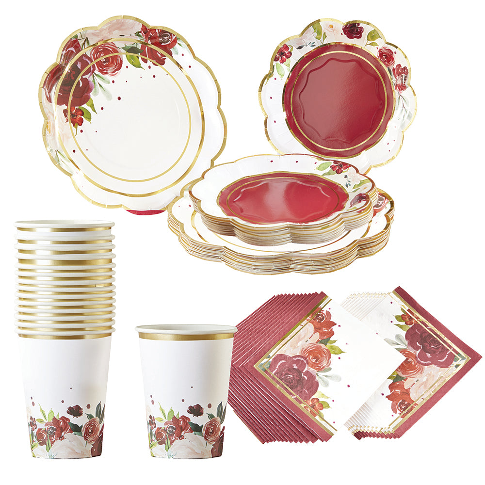 Burgundy Blush Floral 78 Piece Party Tableware Set (16 Guests)