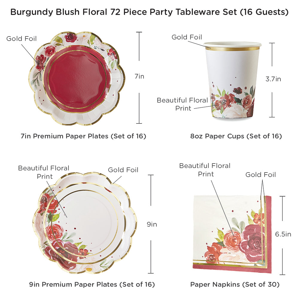Burgundy Blush Floral 78 Piece Party Tableware Set (16 Guests)