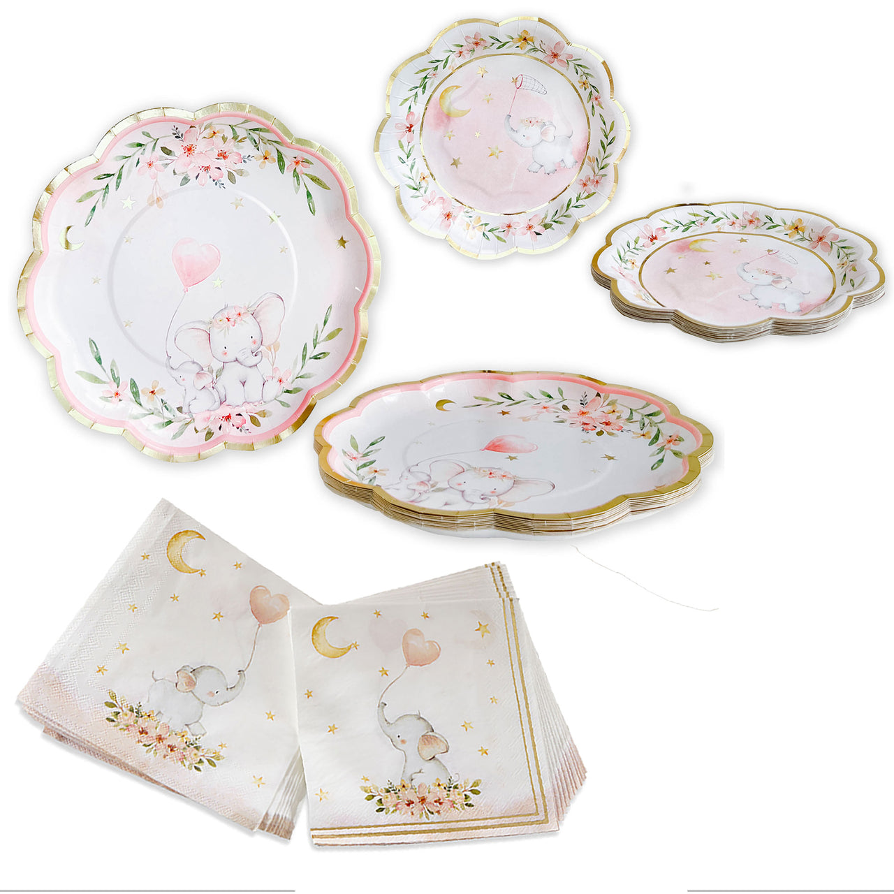 Elephant Baby Shower 62 Piece Party Tableware Set - Pink (16 Guests) Main Image, Kate Aspen | Tableware